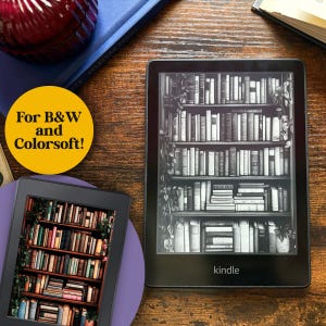 May include: A black and white Kindle e-reader with a bookshelf image on the screen. The text "kindle" is displayed on the bottom of the screen.