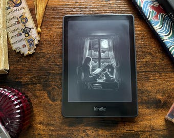 Papier peint Kindle fabriqué à la main : scène de lecture confortable de minuit (téléchargement numérique)