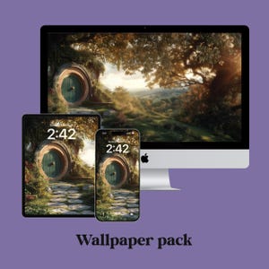 May include: A digital wallpaper pack featuring a scenic image of a hobbit hole door on a tablet, smartphone, and computer screen. The screens display the time as 2:42. The background is a purple color, and the text "Wallpaper pack" is at the bottom.