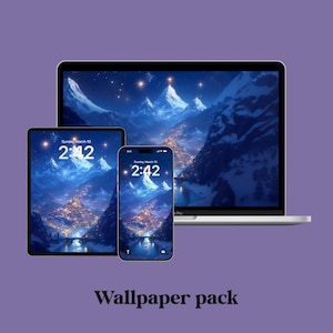 Pode incluir: Um pacote de papéis de parede digitais com uma paisagem montanhosa com um rio e luzes da cidade. A imagem é exibida em um laptop, tablet e smartphone. A hora nos dispositivos é 2:42. O texto "Wallpaper pack" está na parte inferior.