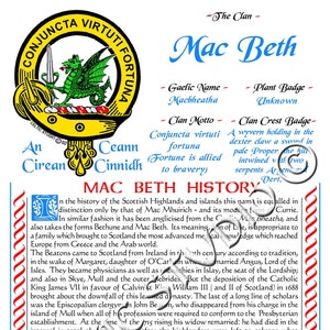 Puede incluir: Documento histórico sobre el clan Mac Beth, con texto, escudo con dragón y elementos decorativos. El documento incluye texto gaélico e información histórica.