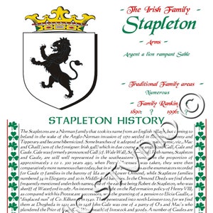 May include: A black and white image of a coat of arms with a lion rampant sable on a white background. The text "The Irish Family Stapleton" is at the top of the image. The text "Argent a lion rampant Sable" is below the coat of arms. The text "Stapleton History" is at the top of the page. The text "Family Rankin 1890: ? 1996: ?" is at the bottom of the page.