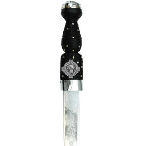 May include: A Scottish dirk with a black woven handle adorned with silver studs. The handle features a silver emblem and a polished silver pommel. The blade is engraved with floral patterns.