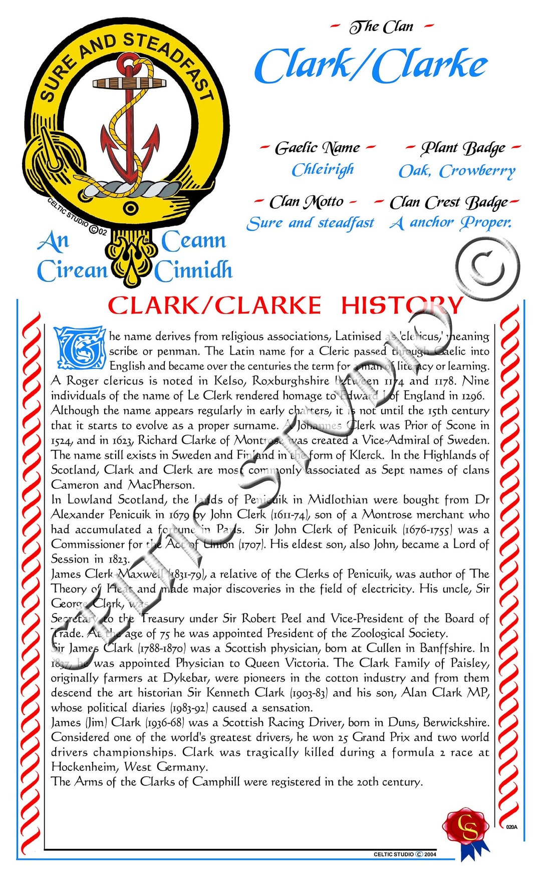 Clark Scottish Clan History Etsy