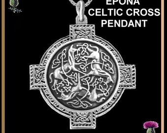 May include: Silver Celtic cross pendant with a detailed design of three horses intertwined within a knotwork pattern. The pendant is labeled "Epona Celtic Cross Pendant".
