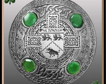 McDonough Irish Coat of Arms Celtic Cross Plaid Brooch with Green Stones
