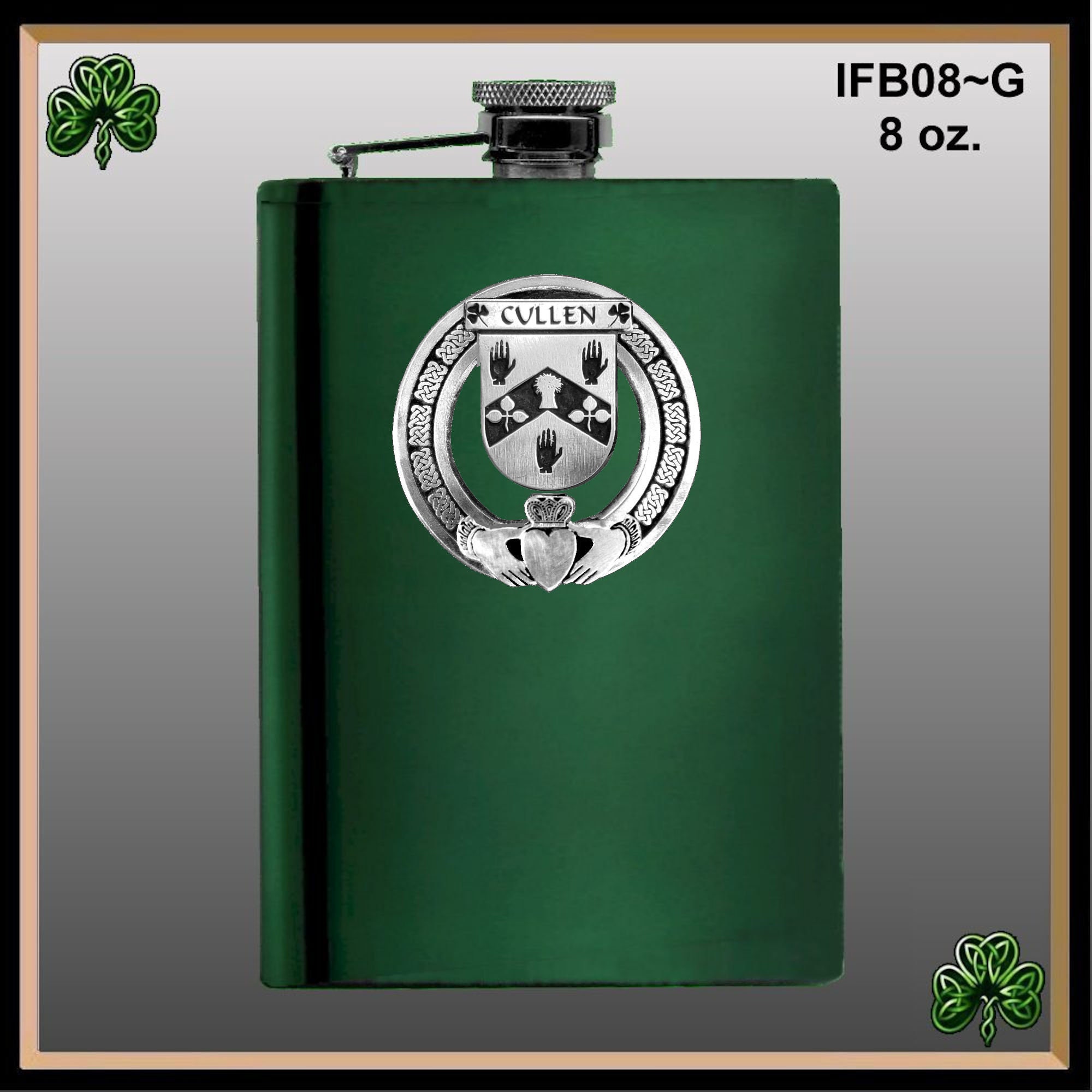 Cullen Irish Claddagh Badge 8 oz. Flask Emerald, Ebony or Stainless