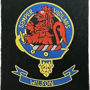 May include: A blue and gold embroidered crest with a red lion, a rope, and the words "SEMPER VIGILANS" around the lion. Below the crest is a blue and gold ribbon with the word "WILSON" on it.