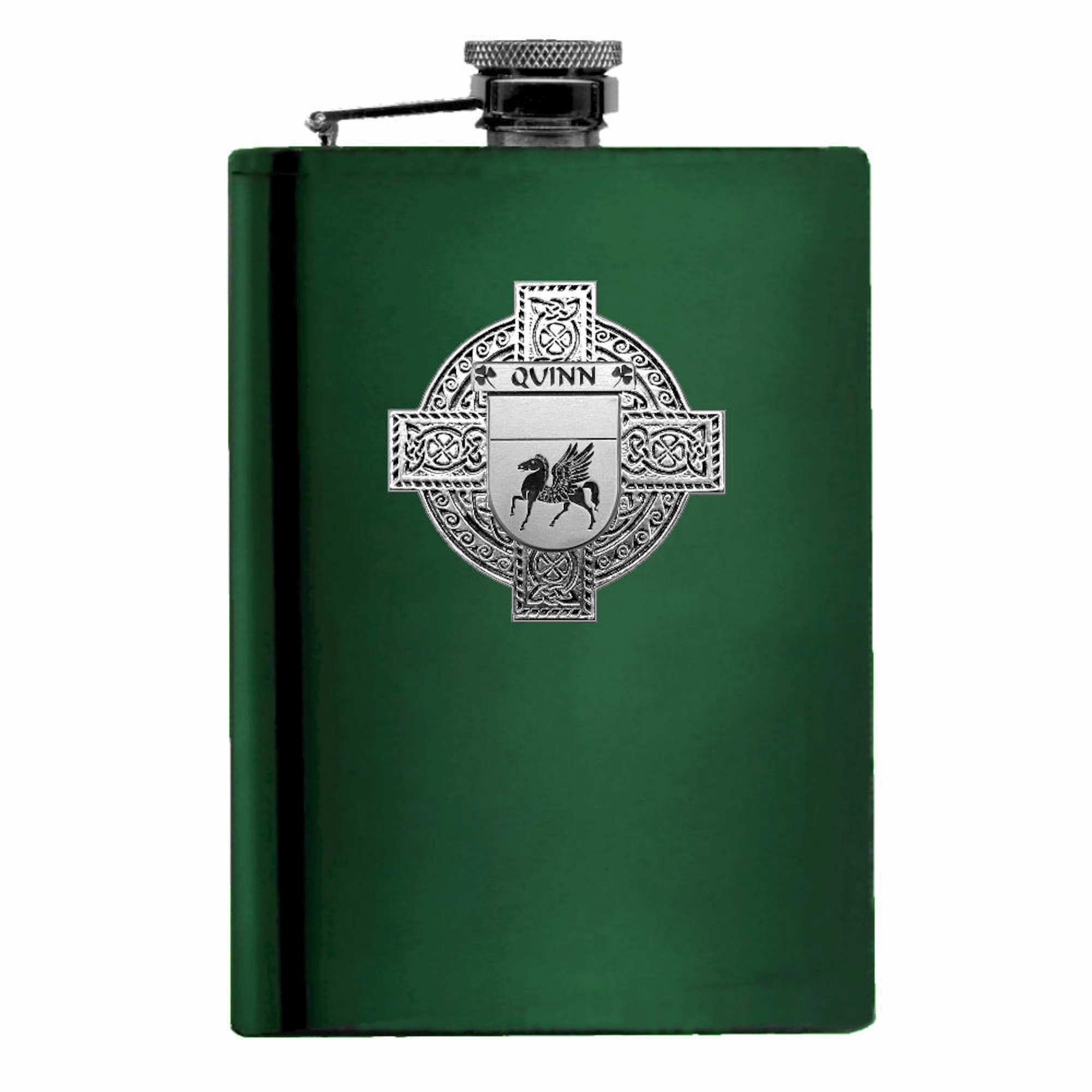Quinn Irish Celtic Cross Badge 8 oz. Flask Green, Black or Stainless