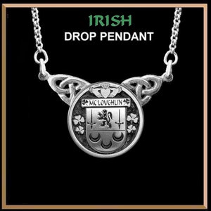 May include: Silver Irish drop pendant necklace with a Celtic knot design and a round crest featuring the McLoughlin family crest. The crest includes a lion, swords, shamrocks, and crescent moons.