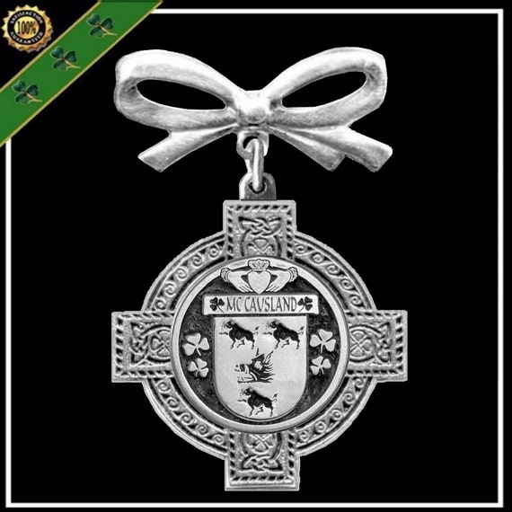 Mccausland Irish Coat of Arms Celtic Cross Bow Brooch - Etsy