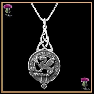 Puede incluir: Collar con colgante de plata con un diseño de nudo celta y una cresta circular con un dragón y el texto "CONJUNCTA VIRTUTI FORTUNA".