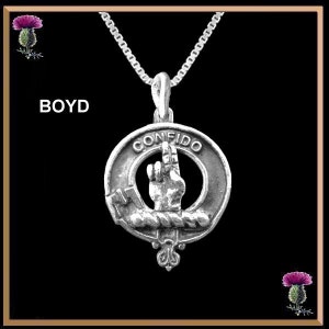 May include: Silver pendant necklace with a silver crest featuring a hand and the word "CONFIDO". The pendant is on a silver chain. The word "BOYD" is written in black text at the top of the image.