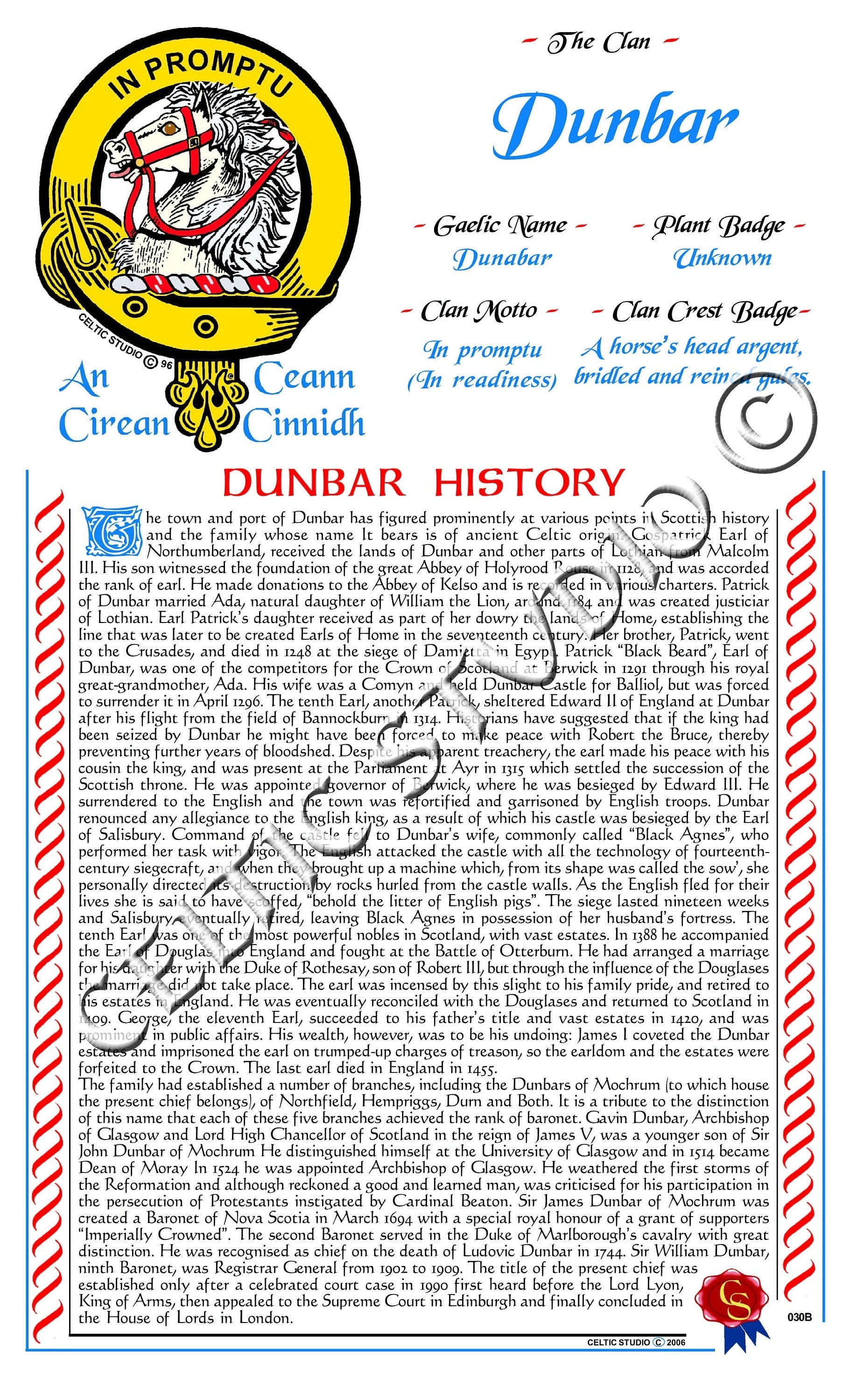 Dunbar Scottish Clan History - Etsy