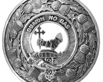 May include: A silver-toned metal clan crest with a thistle design and the text "Buaidh No Bas".