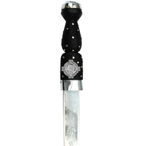 May include: A Scottish dirk with a black handle and a silver blade. The handle is wrapped in a woven pattern and adorned with silver studs. A silver emblem is set on the handle, and the blade features an etched floral design.