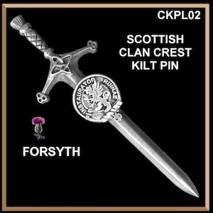 May include: Silver kilt pin featuring a Scottish clan crest with the text "INSTAURATOR RUINAE" and the name "FORSYTH" below. The crest depicts a lion holding a sword.