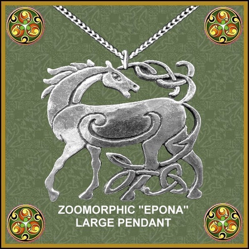 May include: A silver Celtic knot pendant depicting a horse, with the words "Zoomorphic "Epona" Large Pendant" below.