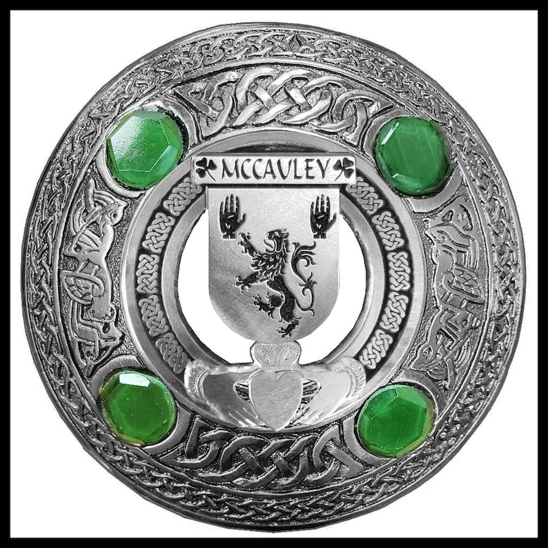 McCauley Irish Claddagh Coat of Arms Plaid brooch ~ Emerald stones