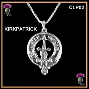 May include: Silver pendant necklace with a silver clan crest featuring a sword and the text "I MAK SICKEN". The pendant is on a silver chain. The necklace is labeled "CLP02" and "KIRKPATRICK".