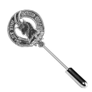 May include: Silver-toned clan crest pin featuring a goat's head and the text "Let the Deed Shaw" around the edge. The pin has a long, thin stem and a silver-toned cap.
