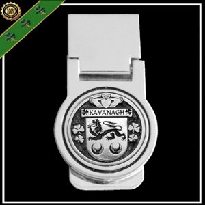 May include: Silver money clip with a round, black and white crest featuring the Kavanagh family crest, a lion, shamrocks, and a heart. The crest is surrounded by a silver ring.