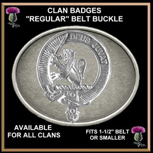May include: Silver clan badge belt buckle with a lion and the text "Deus Juvat". The buckle is available for all clans and fits a 1-1/2 inch belt or smaller.