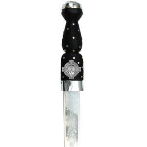 May include: A Scottish dirk with a black woven handle and a silver-colored blade. The handle is adorned with silver studs and a decorative emblem. The blade features an etched floral design, and the dirk has a silver-colored pommel.
