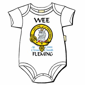 May include: White baby onesie with a yellow and white crest featuring a goat and the text "Let the Deed Shaw". Below the crest is the text "An Círean Ceann Cinnidh FLEMING" in blue and black.