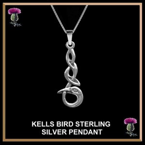 May include: A silver pendant featuring a stylized bird design with Celtic knotwork. The pendant is on a silver chain and is labeled "KELLS BIRD STERLING SILVER PENDANT".