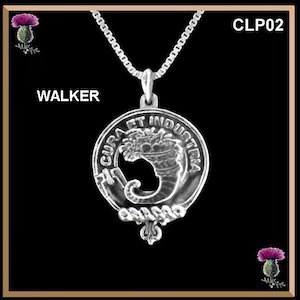 May include: Silver pendant necklace with a silver chain. The pendant is a round disc with a silver design of a curled serpent and the text "CURA ET INDUSTRIA". The text "WALKER" is in the top left corner of the image and "CLP02" is in the top right corner.