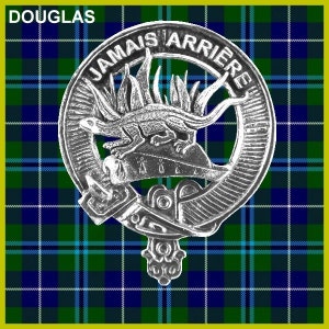 May include: A silver clan crest with the text "JA MAIS ARRIERE" around the outside. The crest features a stylised lizard with a flame-like crest on its back. The crest is on a blue and green tartan background.