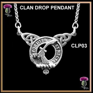 May include: Silver clan drop pendant necklace with a Celtic knot design and a circular crest featuring a hand holding a sword. The crest is inscribed with the words "Fortiter et Recte" and the pendant is labeled "CLP03".