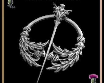 May include: Silver thistle penannular brooch with a decorative design of thistles and leaves. The brooch is open and has a pin attached. The text "THISTLE PENANNULAR" and "PN11" is visible in the image.
