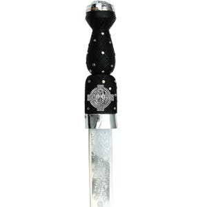 May include: A Scottish dirk with a black handle wrapped in a woven pattern and adorned with silver studs. The handle features a silver emblem with a Celtic cross design. The blade is engraved with floral patterns and has a silver bolster.
