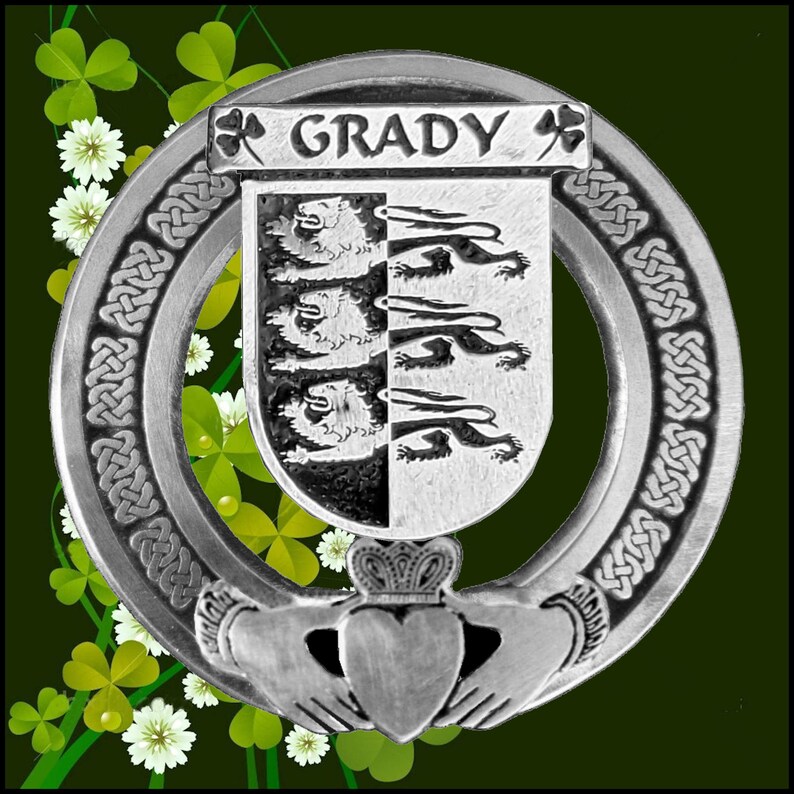 Grady Irish Claddagh Coat of Arms Plaid brooch ~ Emerald stones