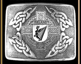 May include: Silver kilt buckle with an intricate Celtic knot design. The center features a shield with the harp of Ireland and the word "IRELAND".