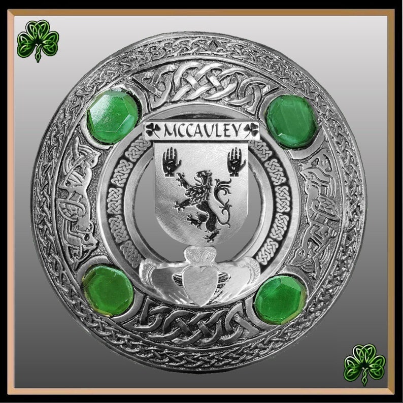 McCauley Irish Claddagh Coat of Arms Plaid brooch ~ Emerald stones