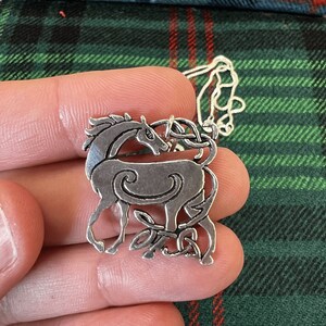 May include: A silver Celtic knot pendant necklace featuring a stylized horse design. The pendant is detailed with intricate knotwork and a swirling pattern.