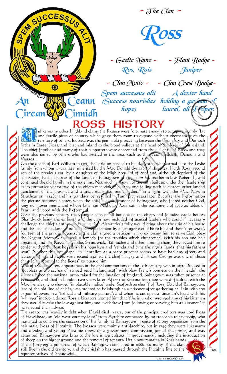 Ros Rois Ross Scottish Clan History - Etsy