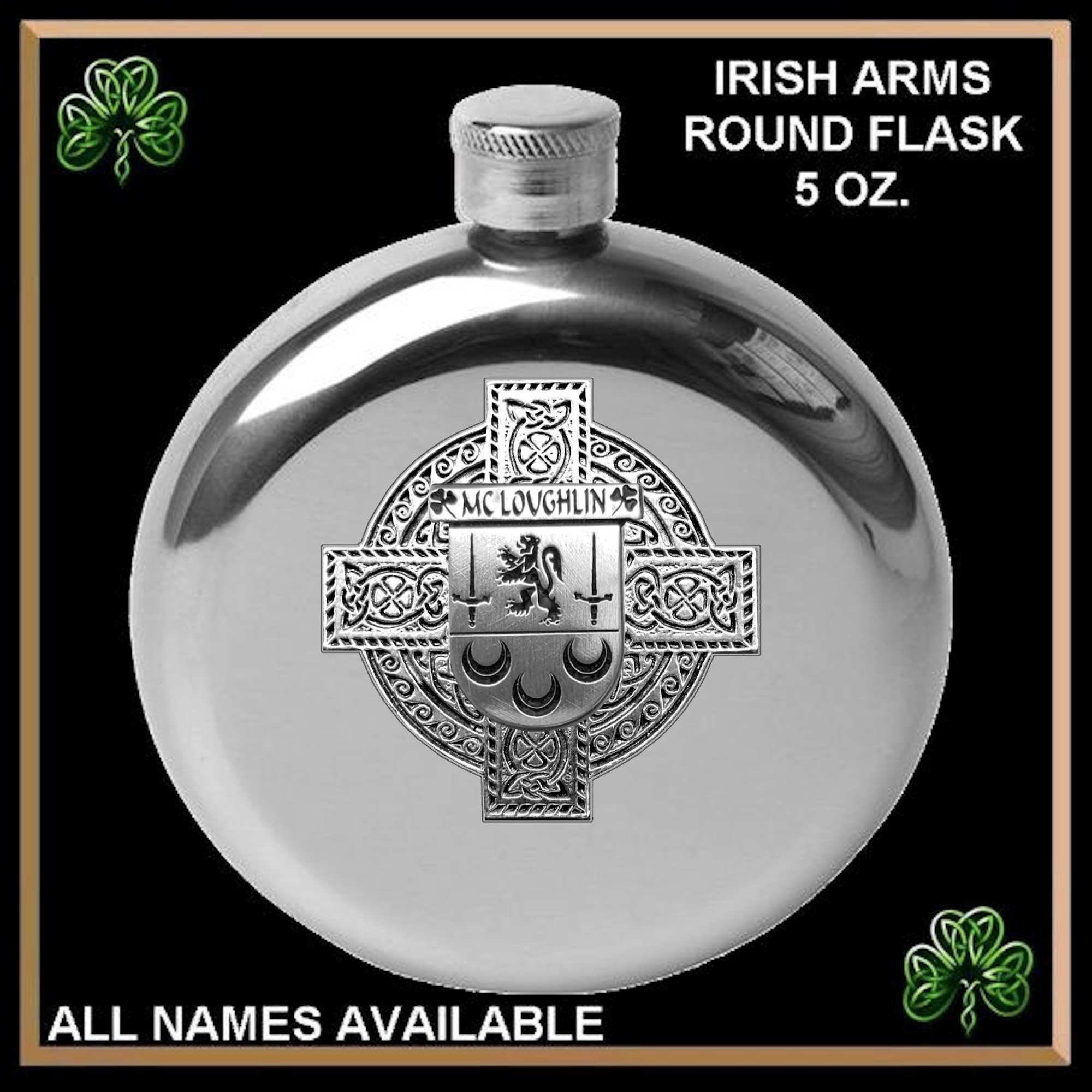 McLoughlin Irish Celtic Cross Round Flask 5 oz