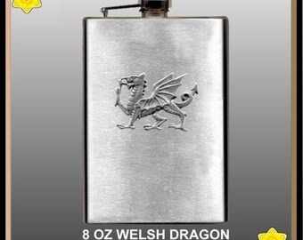 8oz  Welsh Dragon Badge Flask Symbol Of Wales