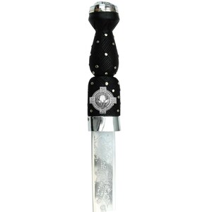 May include: A Scottish dirk with a black woven handle adorned with silver studs. The handle features a silver emblem with a cross design. The blade is silver with etched floral patterns. The dirk has a silver pommel.