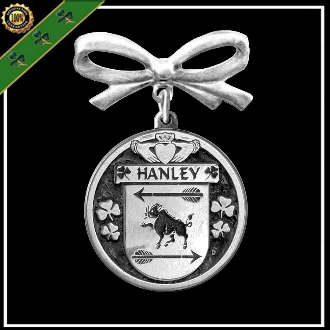 Hanley Irish Coat of Arms Disk Bow Brooch Etsy