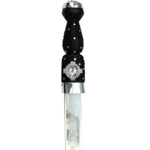 May include: A Scottish dirk with a black handle and a silver blade. The handle is wrapped in a woven pattern and adorned with silver studs and a Celtic cross emblem. The blade features an etched floral design.