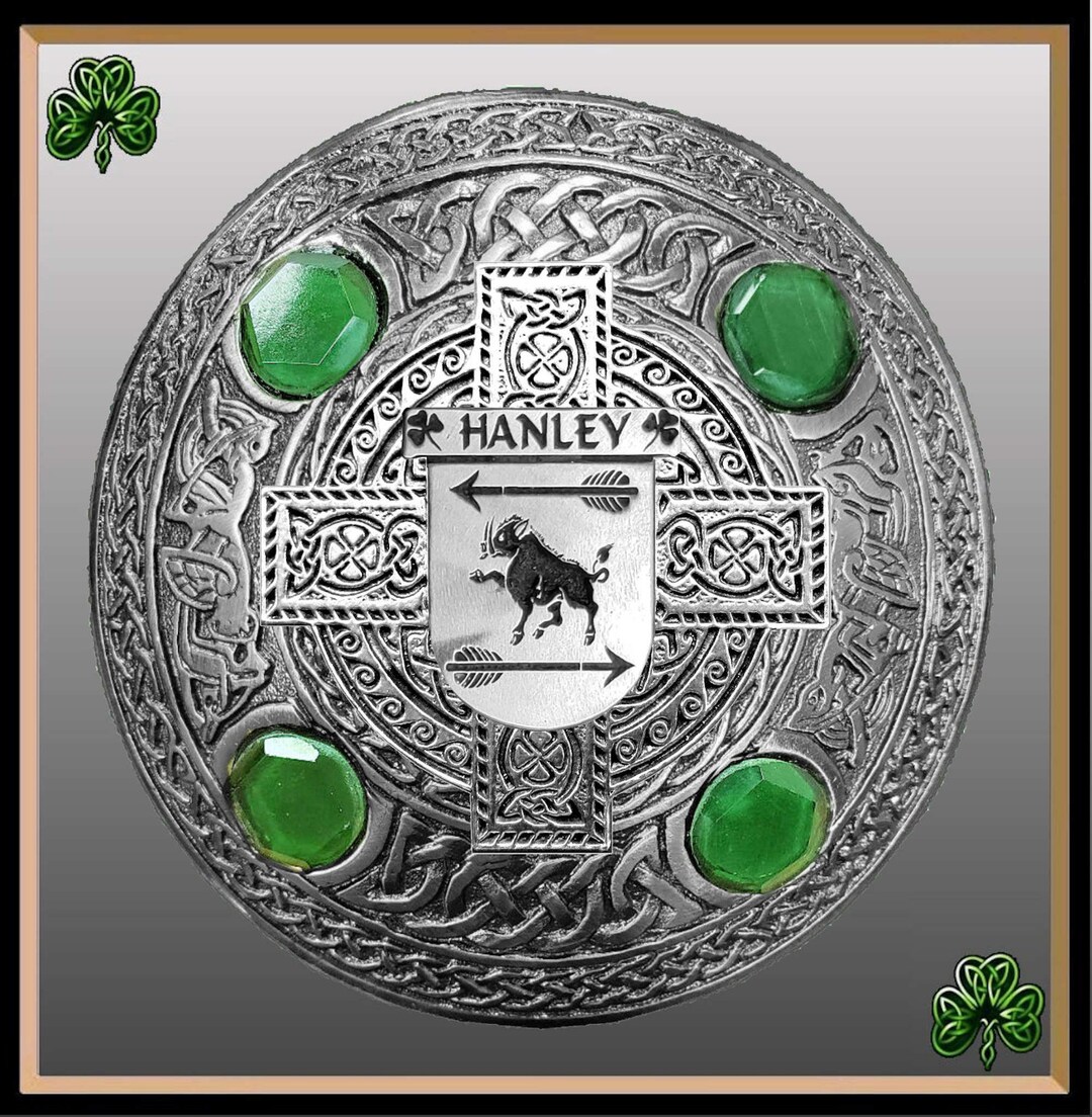 Hanley Irish Coat of Arms Celtic Cross Plaid Brooch With Green Stones Etsy