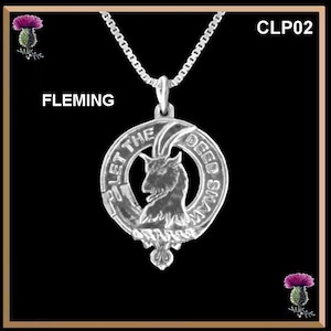 May include: Silver pendant necklace with a silver chain. The pendant features a silver goat head with the words "Let the Deed Shawm" around the edge. The pendant is a Scottish clan crest.