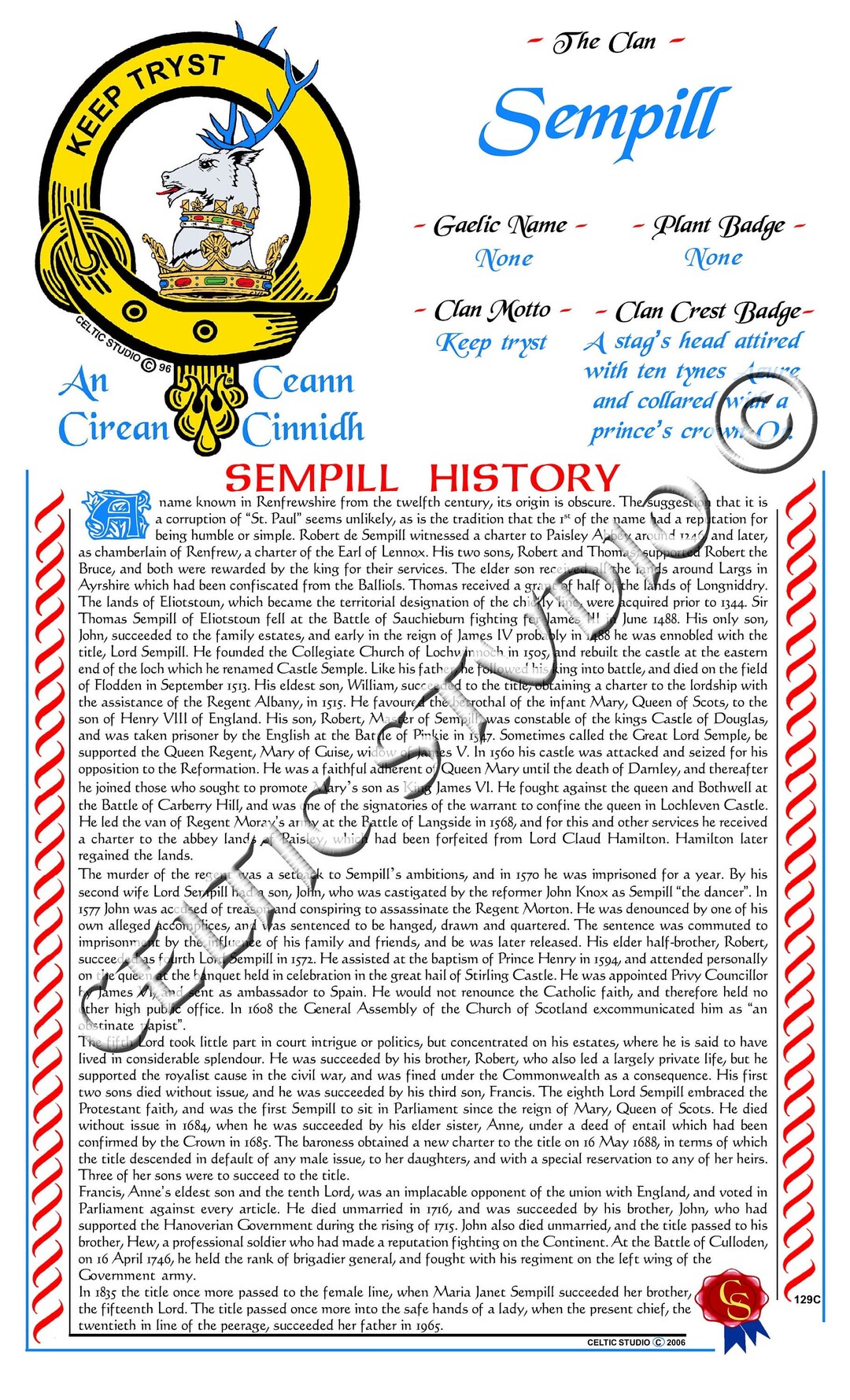 Sempill Scottish Clan History Etsy