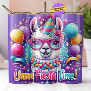 Llama Fiesta Time Tumbler Wrap Design, 20 oz Skinny Tumbler, Sublimation Digital Download PNG Instant, Fun Llama Colorful Design, Seamless