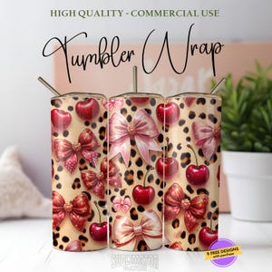 Coquette kersen-roze strik beker wrap PNG – rode glitter strikken op luipaardprint – 20oz magere beker sublimatie ontwerp downloaden